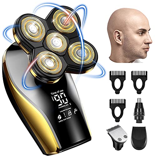 Head Shaver Electric Razor for Men, Bald Head Razor Multifunctional 4 in 1 Mens Grooming Kit with LED Display, 5D Cordless USB Rechargeable Rotary Shaver Wet Dry Shave, Gold