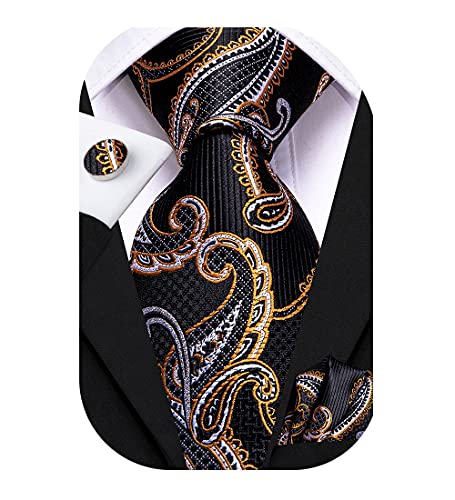 Dubulle Black And Orange Floral Ties Set Black And White Paisley Mens Necktie Handkercheif Cufflinks Wedding Business #TOP9