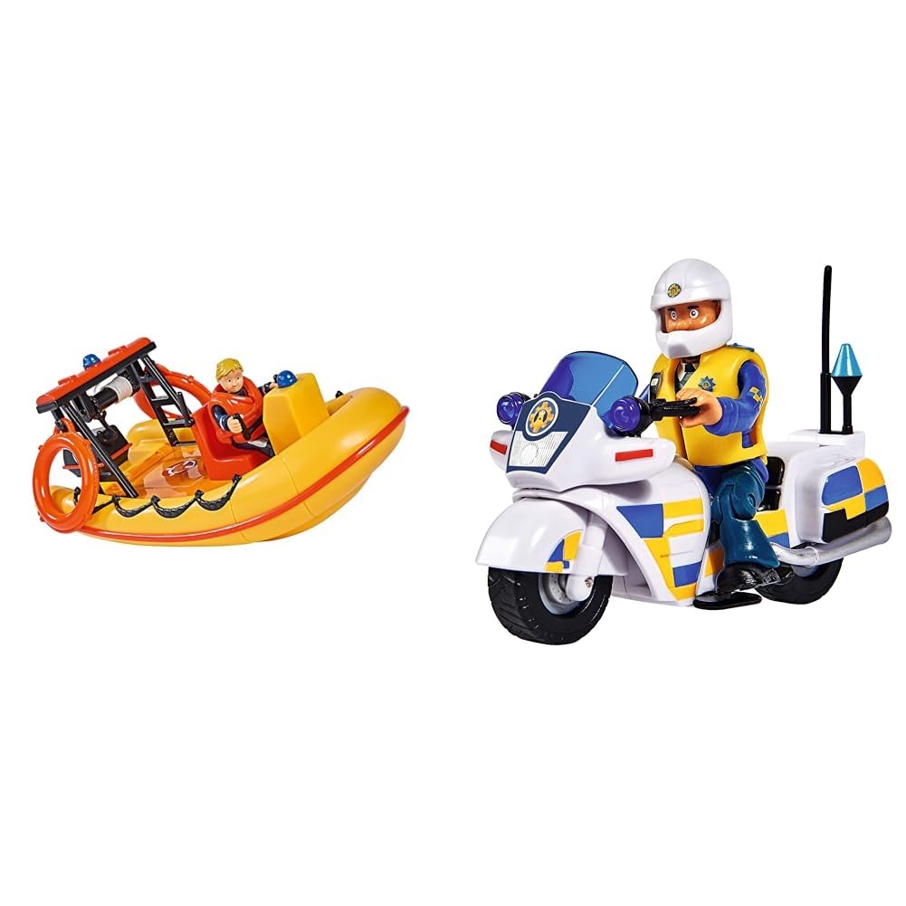 Simba 109251047 - Feuerwehrmann Sam Neptune Boot & 109251092 - Feuerwehrmann Sam Polizei Motorrad, mit Malcolm Figur, mit Zubehör, Staffel 12, ab 3 Jahren
