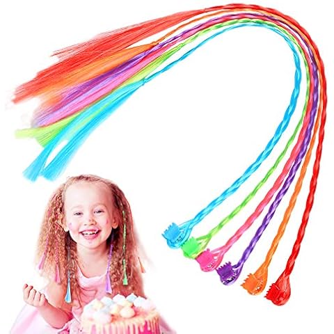 CHIFOOM 24pcs Nylon Braided Hair,Colorful Kid Braid Extensions Attachments 33cm Rainbow Clip-on Hair Pieces with Neon Clip Snaps for Cosplay Princess Girls Birthday Party Dance Favors Cover