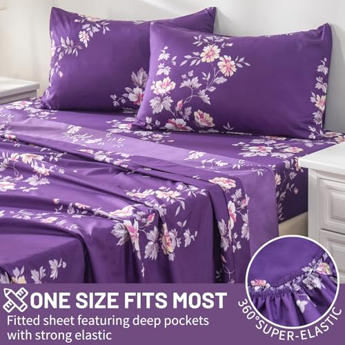 Bedlifes King Size Extra Deep Pocket Sheet Sets - Fits Mattresses Up to 18-24" Thick, 4-Piece Microfiber Set with 1800 Thread Count, Soft, Smooth, Breathable, Featuring Dark Purple Floral