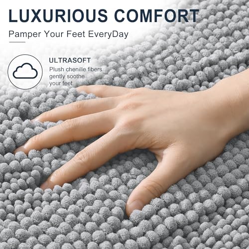 Image of Smiry Thick Chenille Bathroom Runner Rugs 59x24, Absorbent Striped Bath Mat, Machine Washable, Rubber Backing, Extra Long Bath Rugs for Tub & Shower, Modern Home Decor Accessories, Light Grey