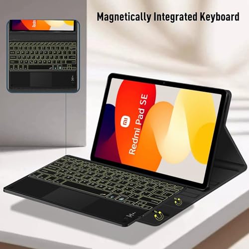 Image of HOM Tri Fold 7-Colour Backlight Detachable Wireless Bluetooth Keyboard with Trackpad /Touchpad & Tablet Cover Case for Redmi Pad SE 11-inch Tablet