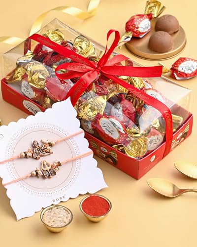 Image of Hyperfoods Rakhi Set for Brother Wobniar Truffle Selection Chocolates Gift Pack 250 Grams Rose Gold Shiva & Ganesha Rakhi Set of 2 with Roli & Rice