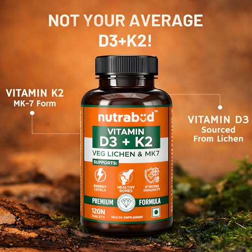 Image of Nutrabud Vitamin D3 K2 MK7-120 Veg Tablets - 600 IU - 100% RDA Plant-Based Vitamin D3 Supplement from Lichen Source with Vitamin K2 as MK7 Menaquinone (Pack of 1)