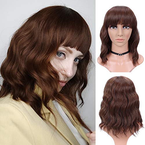 M-BOX Hair 12 Inch Wavy Bob Wig with Bangs Short Curly Bob Wigs Shoulder Length Synthetic Wigs for Women Brown Color Fluffy Pastel Colored Wigs for Girls (12",#30)