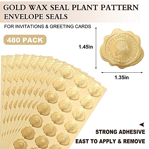 480 Pieces Gold Embossed Envelope Wax Seals Stickers Adhesive Seal Sticker Embossed Foil Seal Plant Diy Labels For Greeting Card Wedding Invitations Christmas Party Favors Decal (,) #TOP1