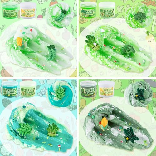 Image of 6 Packs Gradient Green Slime Kit - Cloud Butter Clear Slime, Crunchy Slimes for Kids with Various Slime Add-ins, Non Sticky Slimes Party Favors for Girls and Boys