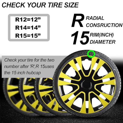 Image of Yellowish Green Hubcap Wheel Cover Replacement Kit 15 inch Hub Caps Wheel Rim Cover Car Exterior Accessories Pack of 4, 15 Inches