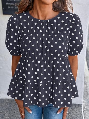 Image of Tankaneo Womens Puff Sleeve Peplum Babydoll Tops Summer Flowy Pleated Cotton T-Shirts Casual Loose Fit Cute Blouse