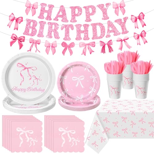 Mimorou 172 piezas de suministros de fiesta de cumpleaños con lazo rosa, coqueta, bonita decoración de despedida de soltera con servilletas de lazo rosa, platos, tazas, tenedores, mantel, pancarta de