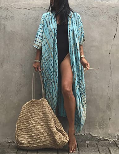 Image of Bsubseach Stylish Tie Dye Open Front Long Kimono Swimsuit Coverup for Women
