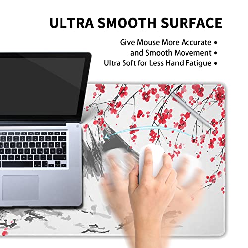 Image of Japanese Mouse Pad 35.4 X 15.7 Inch XXL Art Watercolor Sakura Cherry Blossom Birds Pink Full Desk Mousepad Extended Large Non-Slip Rubber Base Keyboard Mat with Stitched Edges for Gaming Office