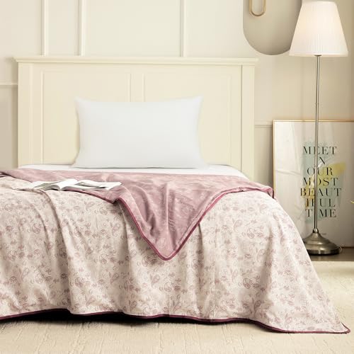 Image of Story@Home Dohar Single Bed Cotton 100% | 150GSM 225 x240 cm Quilt AC Blanket for Summer | AC Comforter Double Bed | White & Purple Motif Reversible Design Duvet | All-Season Blanket