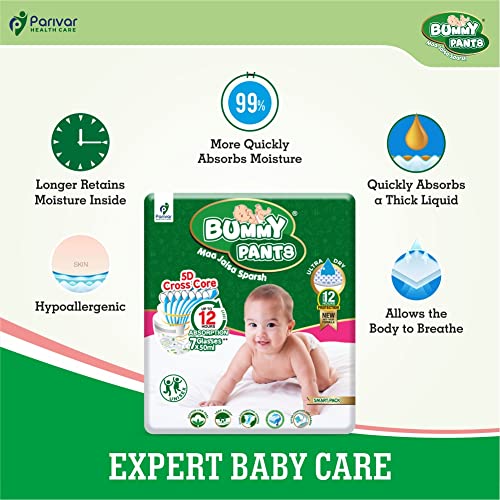 Image of BUMMY PANTS Baby Diapers - Soft & Comfortable with 5D Cross Core Technology, 360 Soft Elastic Waistband & Up to 12-Hour Absorption | M | Pack of 1 | 34 Pieces