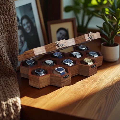 Image of Vintage Wooden Watch Box for Men, Timepiece Display Case, Honeycomb Watch Storage & Organizer, Jewlery Box for Women, Anniversary Gift For Husband (10 Compartments)