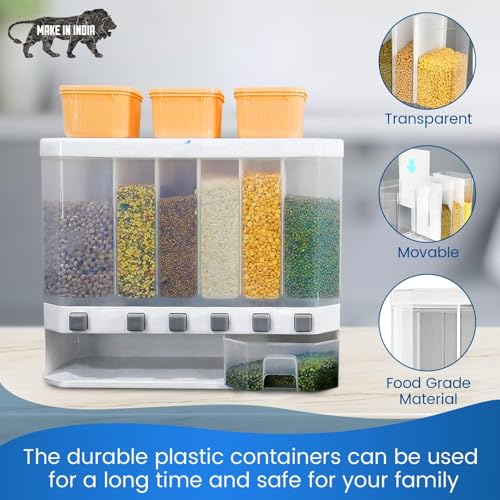 Image of 6 in 1 Wall-Mounted Grain Dispenser For Kitchen Storage Containers Organizers Box for Cereals, Pulses, Multigrain Pulses Dal Grain & Dry Food with Press Flow Control & Measuring Cup | 10 Kgs Capacity