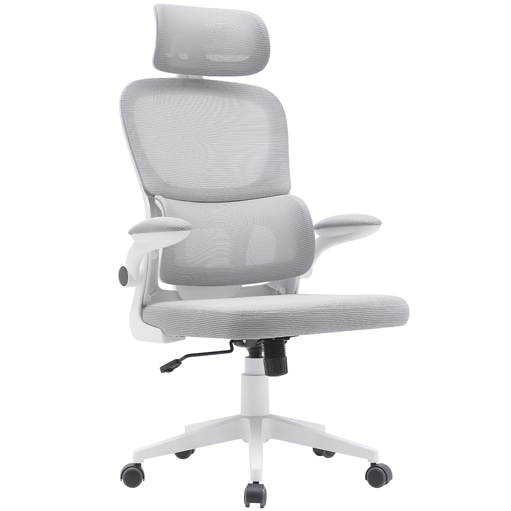 BAKAJI Sedia da Ufficio in Tessuto Ergonomica con Schienale Supporto Lombare e Poggiatesta, Poltrona da Scrivania Girevole, Altezza Regolabile Rivestimento Antisudore Traspirante (Grigio Chiaro)