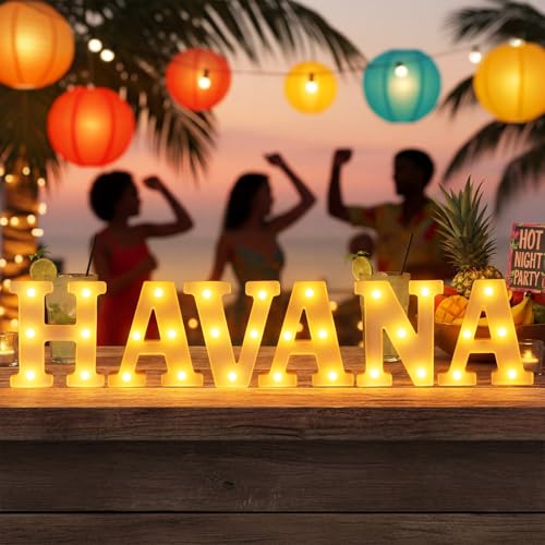 Aurelema 6 Pcs Havana Party Decorations Light up Sign Havana LED Marquee for Hot Night Cuban Party Supplies Battery Powered Tropical Alphabet Letter Summer LED Lights for Night Birthday by Aurelema - Used condition - Image 4