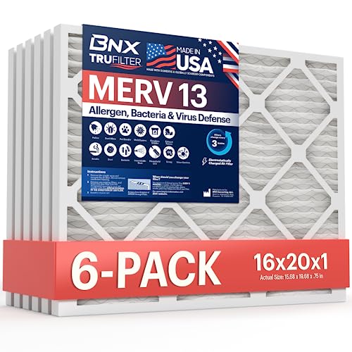 BNX TruFilter 16x20x1 Air Filter MERV 13 AC Filter, HVAC Furnace Filter, 6 Pack (ACTUAL SIZE 15.68"x19.68"x0.75") Allergies, Dust, Pet Dander & Smoke - MADE IN USA - MPR1500 / FPR 10