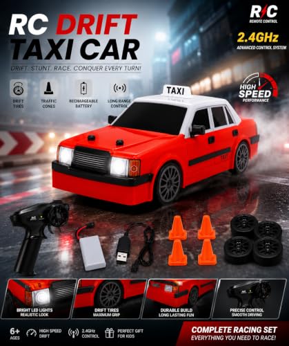 Image of 2.4GHz RC Drift Stunt Taxi Car for Kids, High-Speed Remote Control Car with LED Headlights, Rechargeable Battery, Drift Tires & Precision Steering, Indoor Outdoor Racing Toy for Boys & Girls 6+