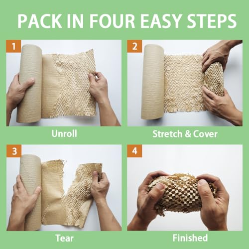 Honigwaben-Verpackungspapier 30cm breit Umweltfreundliches recycelbares & biologisch abbaubares Polstermaterial für Umzug, Produkte & Geschenke, inkl. 20 Zerbrechlich-Aufklebern (30cm x 18m)