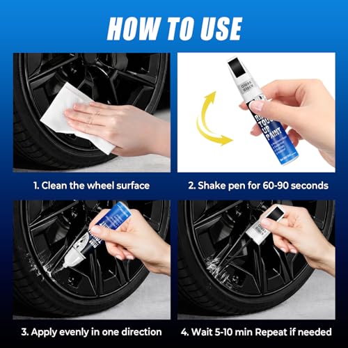 Image of Gloss Black Rim Touch Up Paint, 2-in-1 Brush & Tip, 0.4 fl oz - Universal Black Rim Curb Rash Repair Kit for Scratches, Scuffs on Alloy /Metal Wheels, OEM Color Match, Quick-Dry & Long-Lasting
