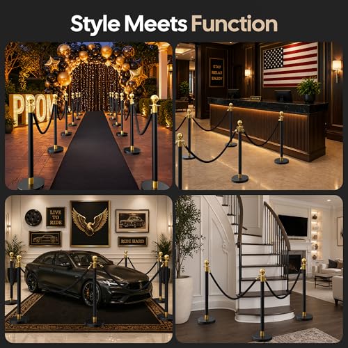 Image of 8 Pack Black&Gold Stanchions and Velvet Ropes Set, Stainless Steel Crowd Control Barriers, 6Pcs Black Ropes and Poles for Party Supplies,Photobooth Accessories, Prom,Birthday,Business,Wedding, Museums