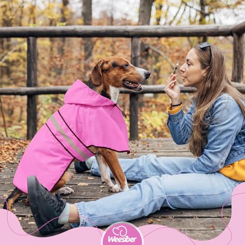 Weesiber Regenmantel Hund - Hunderegenmantel Wasserdicht Regenjacke Hund Reflektierend mit Leinenloch, Regencape für Hunde Mit Kapuze (M, Rosa)