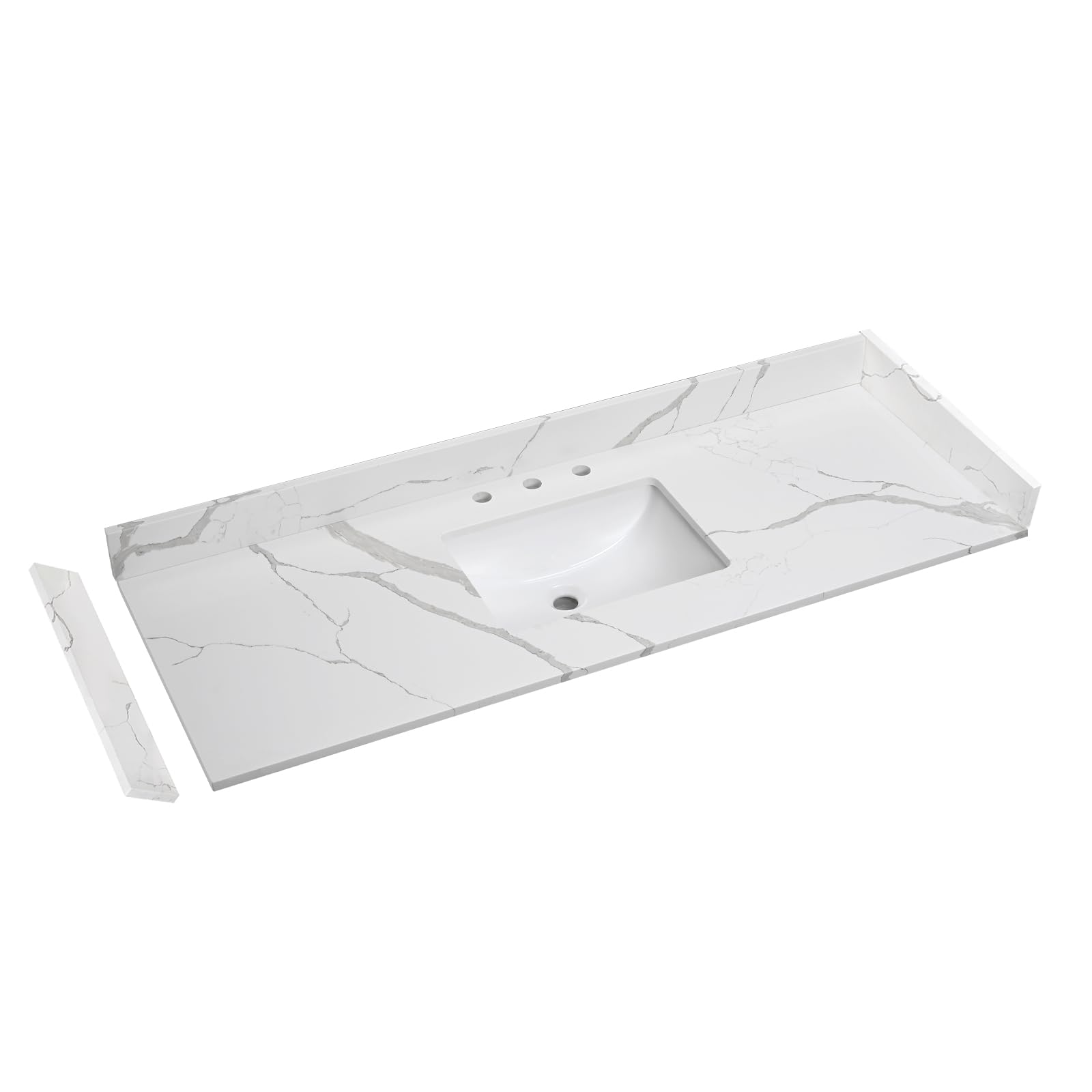 Quartz Calacatta River Vanity Top,with Undermount Middle Sink Vanity Top,with Two Sidesplash & One Backsplash,8 Inch Faucet Hole Spread Bathroom Vanity Sink Countertop