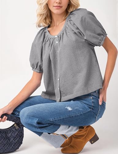 MISSACTIVER Plaid Puff Short Sleeve Shirts Women Button Down Crew Neck Babydoll Tops Summer Flowy Gingham Peplum Blouse4