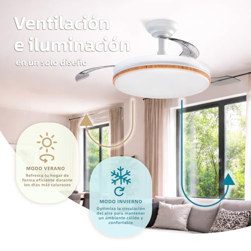 LEDUNI Ventilador con Luz LED 72w 7590LM con mando a distancia, Motor DC temporizador, 6 velocidades, aspas retráctiles, 3 temperaturas de luz, función verano-invierno Silencioso (Madera) - imagen 5