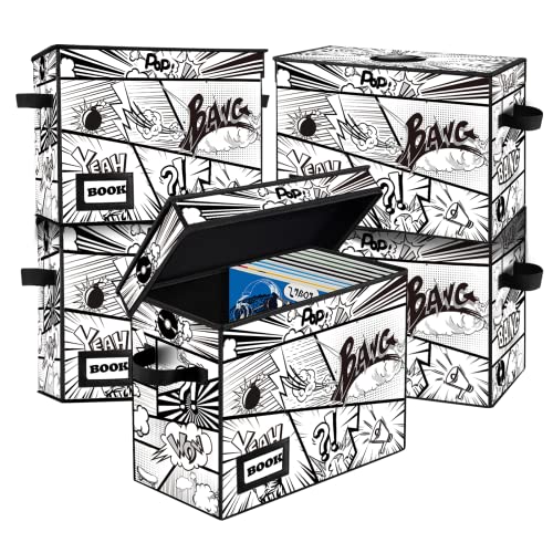 Image of 5 Pack Comic Book Storage Box, 15.8 inch X 7.8 inch X 11.8 inch, Collapsible Holds 160-180 Comic Book Short Box Bin Container Holder Shelf(Cartoon Bombs)