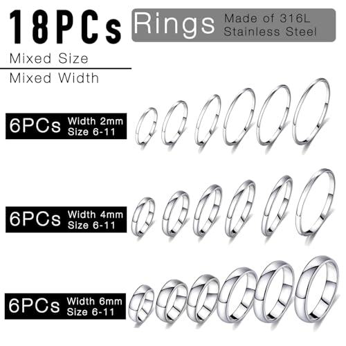 18Pcs Non Tarnish Silver Rings Set for Women & Men, 316L Gold Plated Stainless Steel Rings Bulk 2mm 4mm 6mm2
