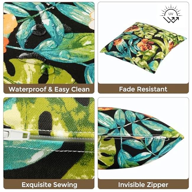 Throw Pillow Covers Set of 2,Outdoor Indoor Waterproof Decorative Patio Throw Pillowcase Shell 18x18 Inch, Square Cushion Case for Couch Sofa Garden Farmhouse Decoration-Tropical Green Leaves