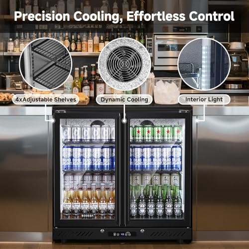 Image of BODEGACOOLER Back Bar Cooler, 2 Door Commercial Beverage Refrigerator | 7.4 Cu.Ft Holds 209 Cans /117 Bottles, Under Counter Bar Fridge with LED light & Low-E Self-Closing Glass Doors