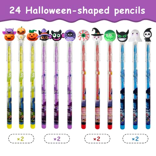 24 lápices Halloween multicolor con toppers miniatura 2