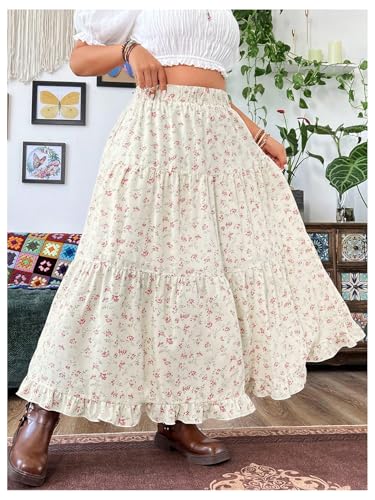 SweatyRocks Women's Plus Size High Waist Floral Print Ruffle Flowy A Line Maxi Skirts3