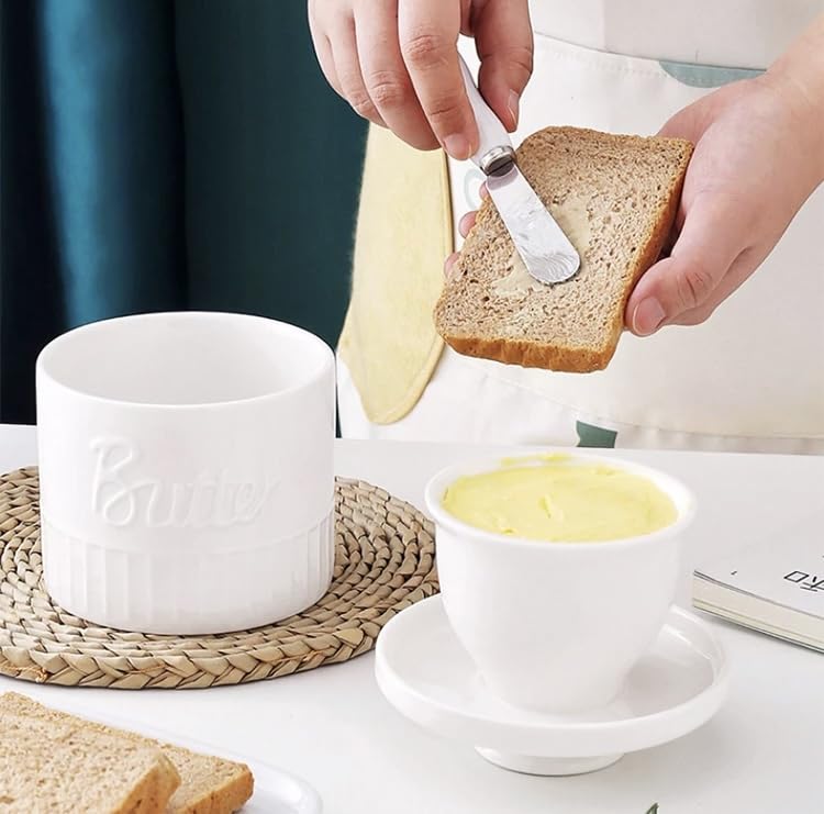 Image of Butter Crock with Water Seal Lid - 192 mL Ceramic Butter Keeper, Airtight French Butter Dish, Countertop Butter Storage Container, Dishwasher Safe, Yellow