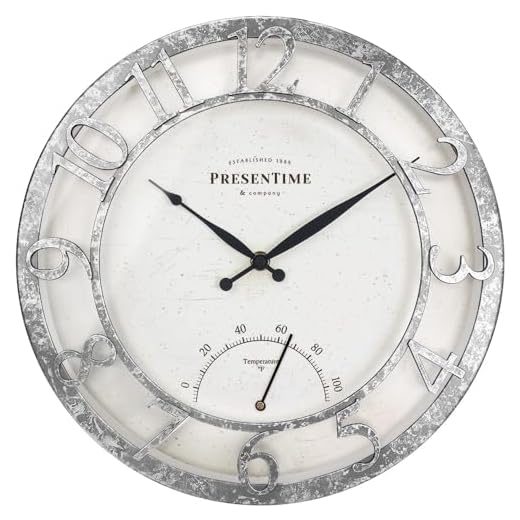 Presentime & Co 13" Farmhouse Outdoor Wall Clock w/Outdoor Thermometer, Farmhouse Style, Raised 3D Arabic Numerals, Faux Galvanized Finish (Wall Clock for Patio, Cottage, Poolside, Garden Spaces)