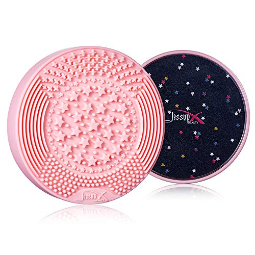 Jessup Makeup Brush Cleaning Mat with Color Removal Sponge, 2 in 1 Silicone Makeup Brush Cleaner (Sachet Pink)