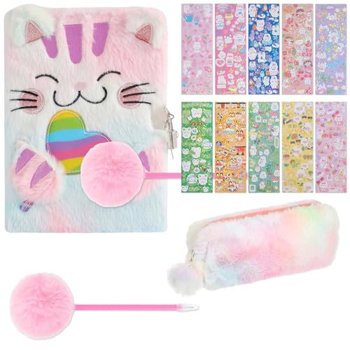 Diario secreto para niñas A5 con candado + set de papelería 13 piezas rosa con cuaderno de felpa con gato + bolígrafo + pegatinas + estuche, ideal para regalo y uso escolar