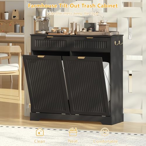 Image of Double 13 Gallon Tilt Out Trash Can Cabinet,Garbage Cabinet with Drawer | Hidden Garbage Storage with Fluted Design, Drawer & Hooks for Kitchen, Dining Room and Small Space Organization,Black