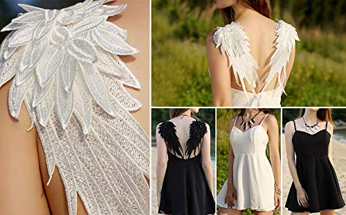 Onwon 2 Pairs 3D Angel Wings Embroidered Neckline Lace Trim Applique Sewing On Patches White And Black Large #TOP7