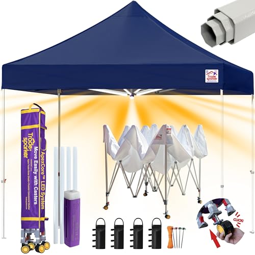 Image of Tradesparker 8x8 Pop Up Canopy Tent,Commercial Movable Canopy with ApexCore LED&Rugged Casters-Instant Easy Setup Shelter Canopies with Weight Bags&Stakes for Outdoor Events Markets,Navy Blue
