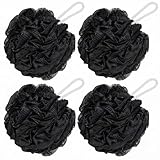 Loofah Sponge Shower Puff – 4 Pack Black Mesh Bath Sponges & Body Scrubbers | Exfoliating Shower Poufs for Men & Women, Durable Bath Puffs for Rich Lather & Gentle Cleaning
