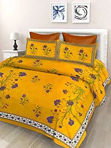 SheetKart 144 TC Floral Printed Cotton Double Bedsheet with 2 Pillow Covers - Yellow