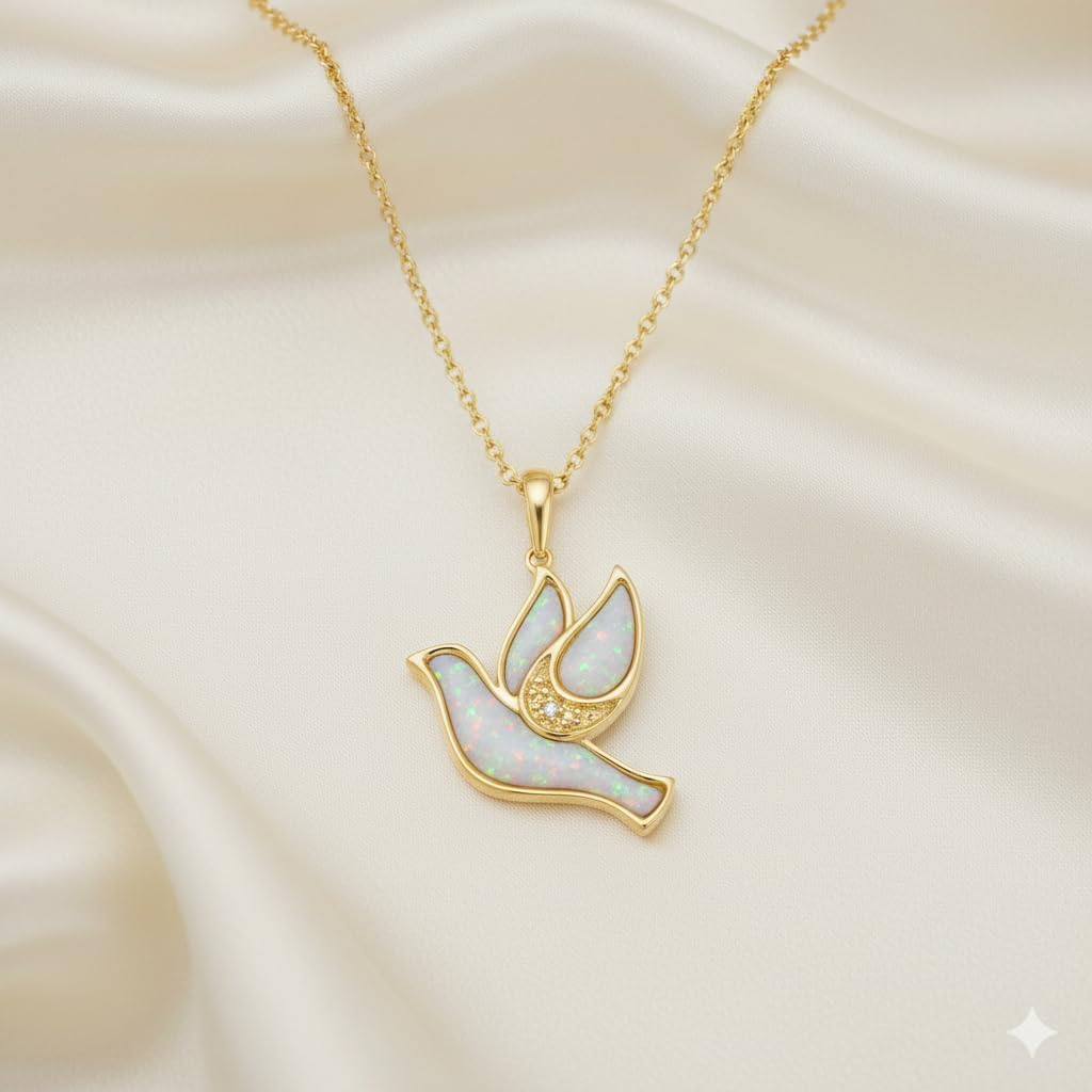 Jewelili Sterling Silver or Yellow Gold Plated Sterling Silver Dove Pendant Necklace for Women | Created Opal & Natural White Round Diamonds | 18" Rolo Chain | Luxury Jewelry Gift for Her | Gift Box Included