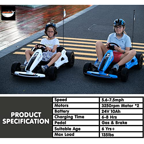 sopbost 24V 10Ah Electric Go Kart with Drifting Function for Big Kids Age 6+, 2WD Ride On Car with Gas and Brake Pedal, Max Speed 7.5Mph, 135 Lbs Load Capacity - White