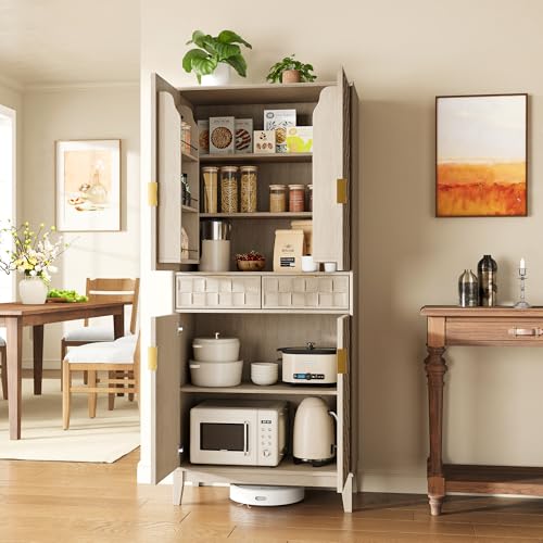 Image of Pantry Cabinet, 71 inch Tall Pantry Cabinet,Modern Kitchen Cabinet with Doors, Drawers & Adjustable Shelves, Freestanding Food Pantry Cupboard with Side Rack for Kitchen Dining Room,Oak